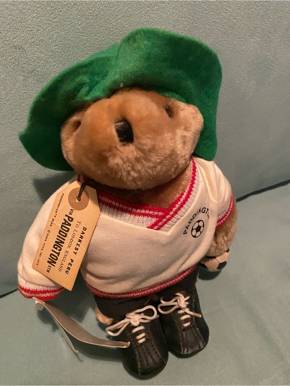 Vintage Paddington Bear Soccer in Green Hat and White Jersey plush